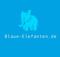 Blauer Elefant auf blauem Hintergrund, darunter steht "Blaue-Elefanten.de".