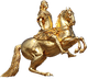 Goldene Reiterstatue eines Mannes in Rüstung auf einem Pferd, hoch erhoben und detailliert gestaltet.