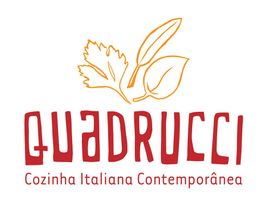 Logotipo do Quadrucci com folhas acima e texto: "Cozinha Italiana Contemporânea" em vermelho.