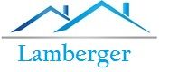 Logo de Lamberger avec deux toits en bleu au-dessus du nom en texte bleu.