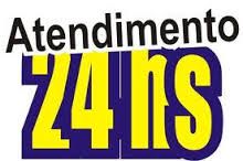 Imagem com texto "Atendimento 24 hs" em amarelo e roxo.