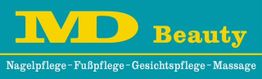 Logo von MD Beauty: Nagelpflege, Fußpflege, Gesichtspflege und Massage in Gelb auf Blau.