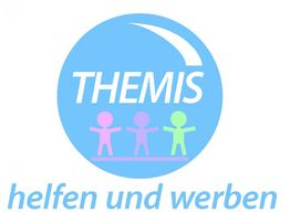 Blaues Logo mit weißem Text "THEMIS", darunter bunte Figuren und der Schriftzug "helfen und werben".