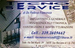 Biglietto da visita "Tecno Service" con contatti e servizi di impiantistica e costruzioni.