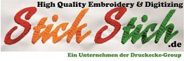 "Stick Stich-Logo in Rot und Grün, Text über hochwertige Stickereien, Druckecke-Group."