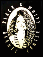 Schwarz-Weiß-Logo mit Frau und Schriftzug "Black & White Beauty Center".