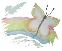 Schmetterling fliegt über einen Regenbogen im Aquarellstil, in sanften Pastellfarben gehalten.