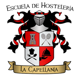 Escudo con caseta, dos raquetas, utensilios y bandeja. Texto: "La Capellanía".