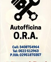 Logo di un'autofficina con contatti e indirizzo Via Giuseppe Galliano, 8. Icona di pistone e chiave.