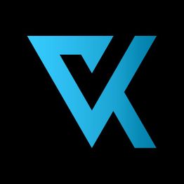 Blaues, geometrisches Logo auf schwarzem Hintergrund mit stilisierten Buchstaben V und K.
