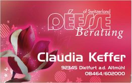 Rosa Visitenkarte mit Blume. Text: Déesse Beratung, Claudia Keffer, Kontaktinfo in Dietfurt.