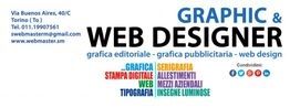 Grafica per servizi di web design e grafica pubblicitaria con dettagli di contatto e social media.