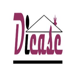 Logo con scritta "DICASE" in viola e nero, con tetto stilizzato e foglia.