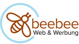 Logo mit Biene und Schriftzug "beebee Web & Werbung" in Braun und Blau.