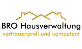Logo mit Text: "BRO Hausverwaltung, vertrauensvoll und kompetent", gelbe Haus-Silhouetten.