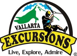 Logotipo de Vallarta Excursions con persona en tirolesa y lema "Live, Explore, Admire".