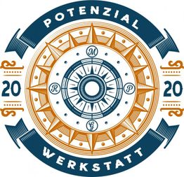 Ein kreisförmiges Emblem mit Kompassdesign und Schriftzug "Potenzial Werkstatt 2020".