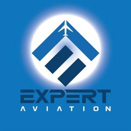 Blue logo with a geometric design and airplane silhouette, text: "EXPERT AVIATION".