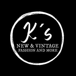 Schwarzer Hintergrund mit weißem Text: "K's New & Vintage Fashion and More" in einem Kreis.