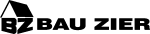 Logo mit schwarzem Schriftzug "BAU ZIER" und einem stilisierten geometrischen Dach links.
