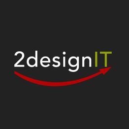 Logo mit Schriftzug "2designIT", roter Pfeil darunter, dunkler Hintergrund.
