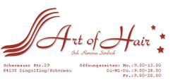 Logo von "Art of Hair" mit Adresse und Öffnungszeiten in rot und braun.