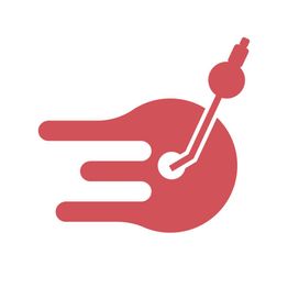 Icono rojo de un tocadiscos en forma abstracta de disco y brazo sobre fondo blanco.