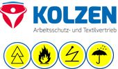 Logo von Kolzen Arbeitsschutz mit vier Sicherheitssymbolen: Baum, Flamme, Blitz, Regenschirm.