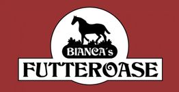 Logo mit schwarzem Pferd auf rotem Hintergrund, Text: "Bianca's Futteroase".