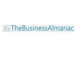 Logo with text "TheBusinessAlmanac" in teal, featuring a small building icon on the left.