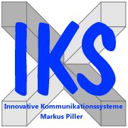 Logo mit blauen Buchstaben "IKS" und Text "Innovative Kommunikationssysteme Markus Piller".