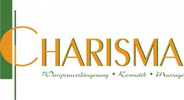 Logo: "Charisma" in Orange-Grün mit Text: "Wimpernverlängerung, Kosmetik, Massage".