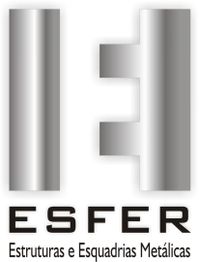 Logotipo da ESFER com formas metálicas verticais e texto "Estruturas e Esquadrias Metálicas".