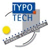 Logo mit Text: "Typo Tech. Werbe- & Lichttechnik", gelbem Kreis und blauen Formen.