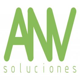Logotipo con texto "ANV soluciones" en letras verdes sobre fondo blanco.