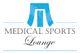 Logo der Medical Sports Lounge mit stilisiertem blauem T und floralem Muster.