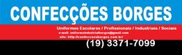 Banner da "Confecções Borges" com contato e-mail, site e telefone para uniformes diversos.