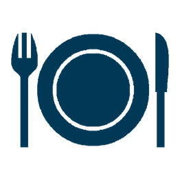 Symbol eines Tellers mit Gabel links und Messer rechts, dunkelblaue Farbe.