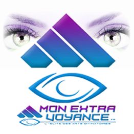 Yeux avec logo "Mon Extra Voyance", motif d'oeil stylisé et texte bleu et violet.