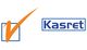 Logo mit orangem Häkchen und dem Schriftzug "Kasret" in blauem Rechteck.