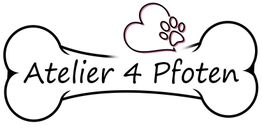 Logo: Ein Hundeknochen mit der Aufschrift "Atelier 4 Pfoten" und einer Pfote darüber.