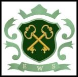 Wappen mit zwei gekreuzten Schlüsseln, grünem Hintergrund und grüner Verzierung. Text: "EWS".