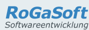 Logo mit blauem Text "RoGaSoft" und darunter "Softwareentwicklung" in Schwarz.