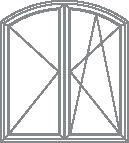 Strichzeichnung eines stilisierten, doppelflügeligen Fensters mit Rundbogen und diagonalen Linien.