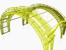 Gelbe, futuristische Struktur: Gebogene, verflochtene Metallbögen, wie ein architektonisches Kunstwerk.