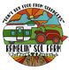 Cartoon farm logo with tractor, trailer, and veggies. Text: "Don't buy food from strangers."