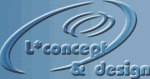 Blaues Logo mit dem Text "I*concept & design" und einer stilisierten Spirale.