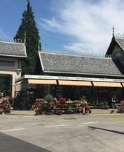 Blumenladen vor historischem Gebäude mit vielen bunten Pflanzen im Freien bei Sonnenschein.