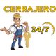 Ilustración de cerrajero sonriente con llave, texto "CERRAJERO 24/7" y un reloj.