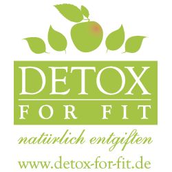 Grünes Logo mit Apfel und Blättern, Text: "Detox For Fit, natürlich entgiften, www.detox-for-fit.de".
